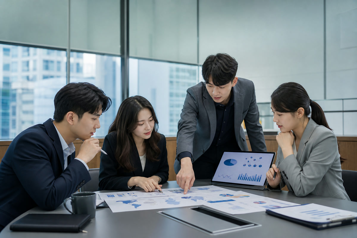 글로벌 시장 전략을 논의하는 비즈니스 미팅 현장
